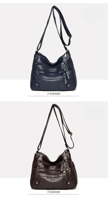 Soft Leather Shoulder Bag - Women's Crossbody Double Layered Large Capacity Tote