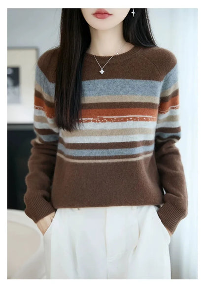 Autumn and winter 100% pure wool striped retro style round-neck wool knit women's long-sleeved versatile sweater top