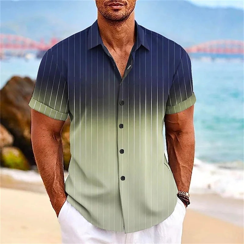 2024 Men's Gradient Striped Shirt Slim Breathable Fashion Short-sleeved High-quality Design Casual Button-down Shirts Male