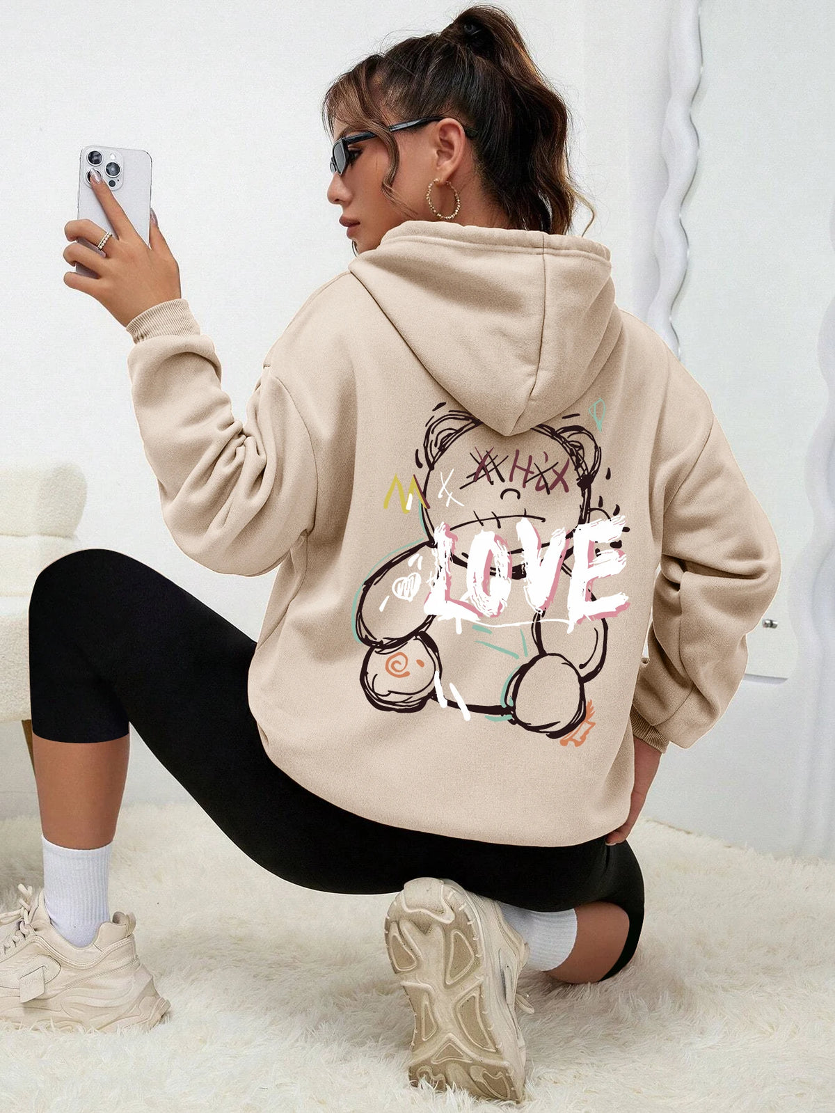 Graffiti Line Bear Simple Print Female Hoody Harajuku S-3xl Sweatshirt Fashion Casual Street Hooded Autumn Warm Streetwear Women
