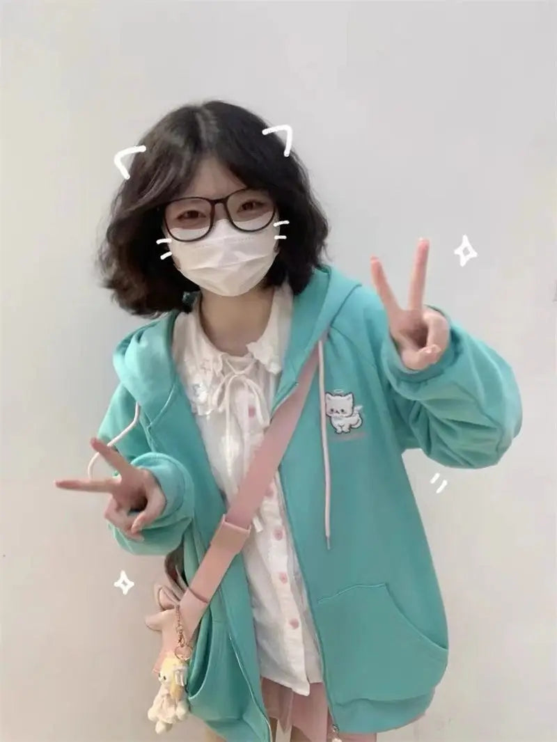 Zipper Hoodie Gothic Cartoon Kawaii Cat Ear Y2k Jacket Zip Up Thin Coat Spring Autumn Cute Core 2000s Clothes Fall Sweatshirts
