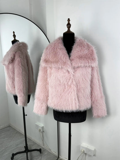 Faux Fur Women's Coat – Luxury Cropped Fluffy Jacket With Lapel Collar