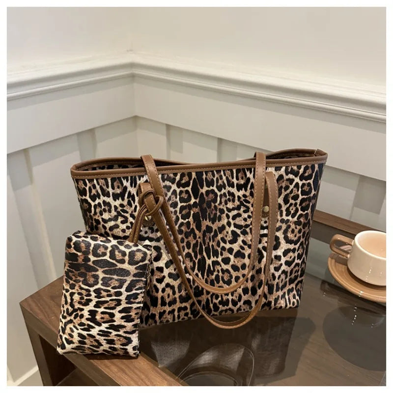 Leopard Print Tote Bag - Women's PU Leather Large Capacity Casual Travel Purse
