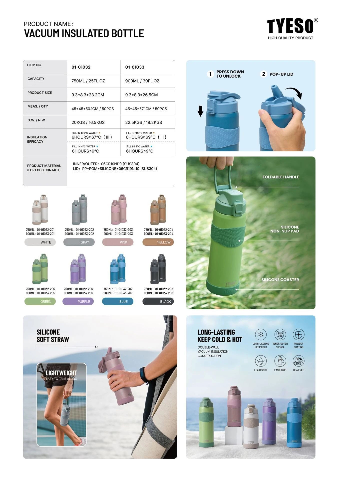 TYESO Vacuum Insulated Bottle 304 Stainless Steel Portable Sports Water Bottle with Straw for Travel Cycling& Outdoor Activities