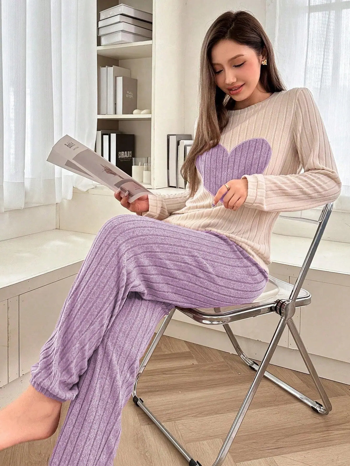 Autumn and Winter Warm Pajama Set for Women Casual and Comfortable Heart Shaped Printed Cute Set Home Clothes New Style Hot