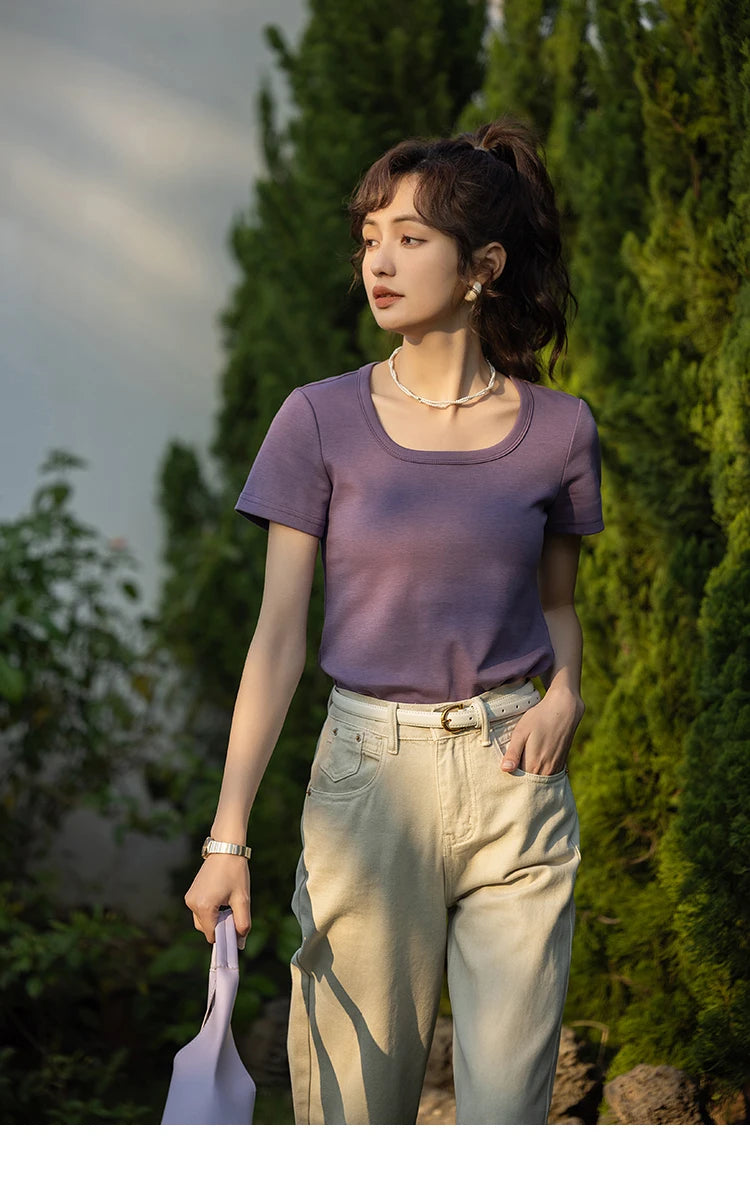 Women's Square-Neck T-Shirt – Elegant Cotton Short-Sleeve Top