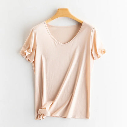 Women's V-Neck T-Shirt – Silk-Linen-Cotton Solid Summer Tee