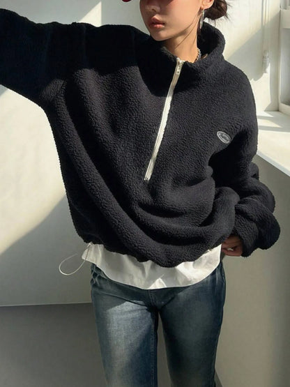 Autumn Winter Women Fleece Pullover High Neck 1/4 Zip Sweatshirts Retro Badge Green Loose Warm Teddy Outwear Harajuku Clothing
