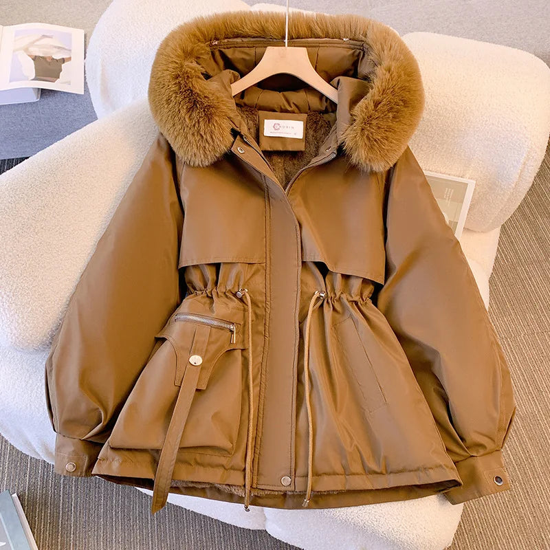 Women Winter Jacket - Fleece Lined Puffer Coat With Hooded Zipper Closure