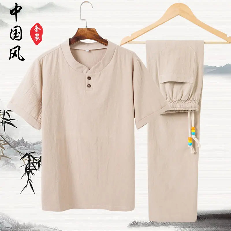 Linen Cotton T-shirt Men's Set Chinese Style Short Sleeve Sportswear +trousers 2 Piece Sets Summer Men Tracksuit Solid Suit