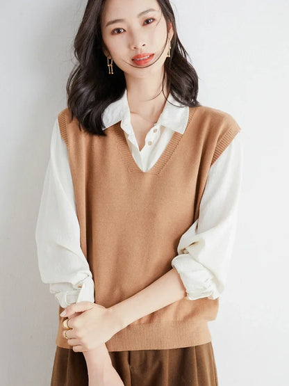 2026 Sweater Vest Spring Autumn Warm Fashin Korean Soft Loose Knit Vest V-neck Knitwear Solid Pullovers Short Style Sweater Vest