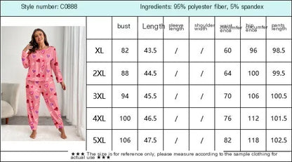 Autumn Winter Pink Heart Print Plus-Size Sleepwear Women Pajama Set Long Sleeve Tops and Trousers 3XL 4XL 5XL Loungewear