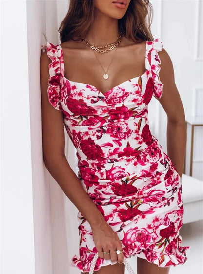 Sexy Dresses Women | Summer Floral Bodycon V-Neck Sleeveless Ruffle Mini Dress