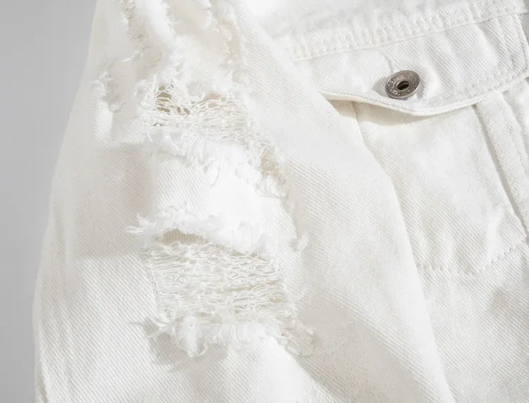 New Men's Jean Jacket Slim Fit Cotton Denim Jacket Red White Black Ripped Hole Jean Coats Men Outerwear Plus Size Streetwear