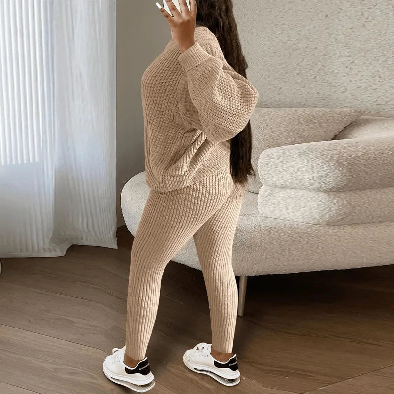 Knitted Sweater Two Piece Set For Women Autumn Winter Long Sleeve O Neck Sweater + Skinny Pants Sets Casual Knit Outfit Homewear