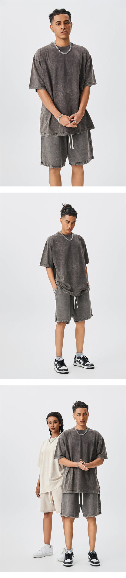 ZODF Trendy Batik Washed 420gsm Cotton Shorts For Men Retro Unisex Basic Heavy Weight Loose Solid Shorts Brand Bottoms HY0855