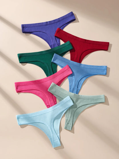 7Pcs Women's Thongs Panties Cotton Striped Underwear Sexy Women Lingerie Solid Intimates Comfort Panty Soft Hot G-Strings XS-XXL