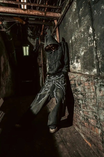 Y2K Retro Oversized Baggy Unisex Mopping Pants Phantom Jeans Men High Street Spider Embroidered Patch Hip Hop Streetwear Gothic