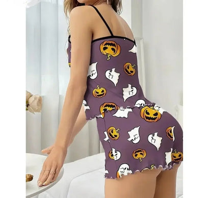 Halloween Pumpkin Print Pajama Set Womens Cute Ribbed Cami Crop Top and Shorts Two Piece Sleepwear Lettuce Hem Y2K Loungewear