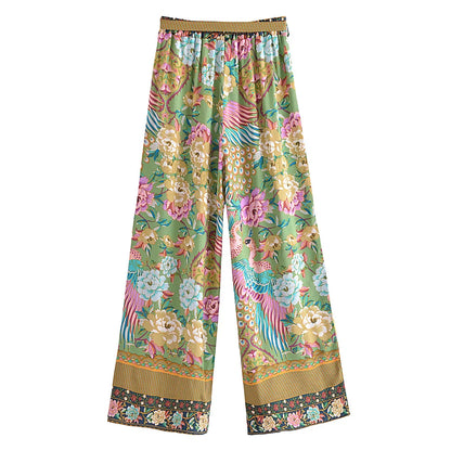Boho Queens Women Peacock Floral Print Outfits Short Kimono Robe Bohemian Suits Wide Leg Pants 2 Pieces Rayon Boho Sets Swimsuit