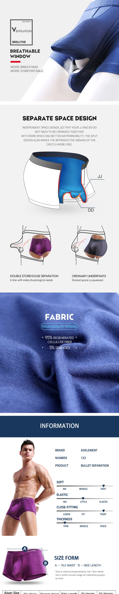 Gun-bullet separation underwear for men, scrotal support venous bottom pants, ice silk bag, curved men's briefs