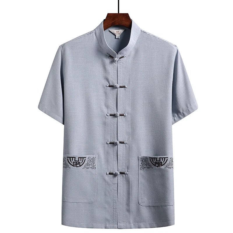 Cotton and Linen (Top + Pants) Elderly Men Gold Silk Pan Buckle Pocket Embroidered Tang Dress Han Dress Lay Tai Chi Suit Set