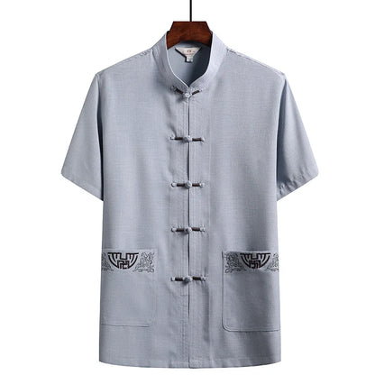 Cotton and Linen (Top + Pants) Elderly Men Gold Silk Pan Buckle Pocket Embroidered Tang Dress Han Dress Lay Tai Chi Suit Set