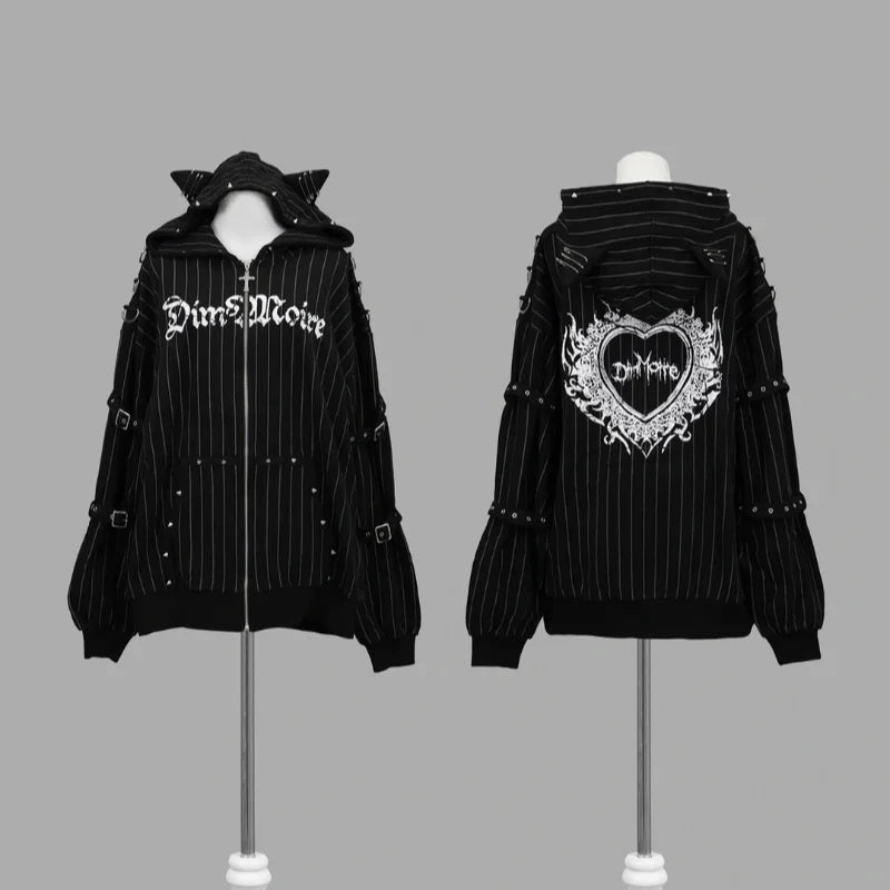 Autumn American Vintage Y2K Punk Coat Women Zipper Striped Loose Cat Ear Hoodie Subculture Heavy Craft Street Style Sweatshirt
