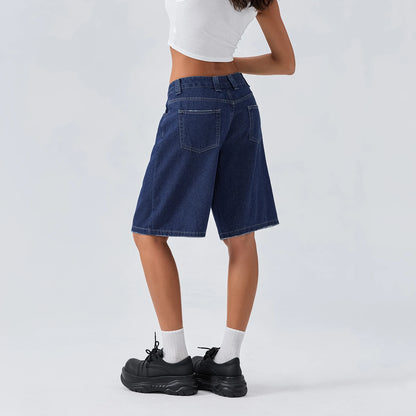 New Fashion Womens Knee Length Denim Shorts Loose Solid Color Low Rise Wide Leg Long Shorts With Pockets For Summer S-2XL
