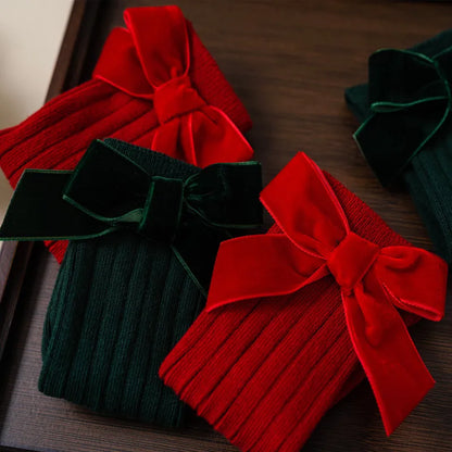 Kids Christmas Girls Socks Autumn Winter Toddlers Red Bowknot Baby Knee High Long Sock Soft Cotton Children Socken For 0-5 Years