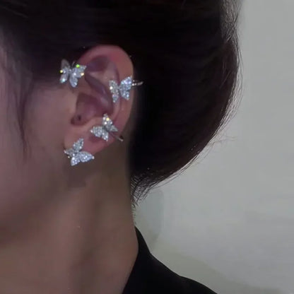 Silver Plated Metal Butterfly Ear Clips Without Piercing for Women Sparkling Zircon Ear Cuff Clip Earrings Wedding Jewelry