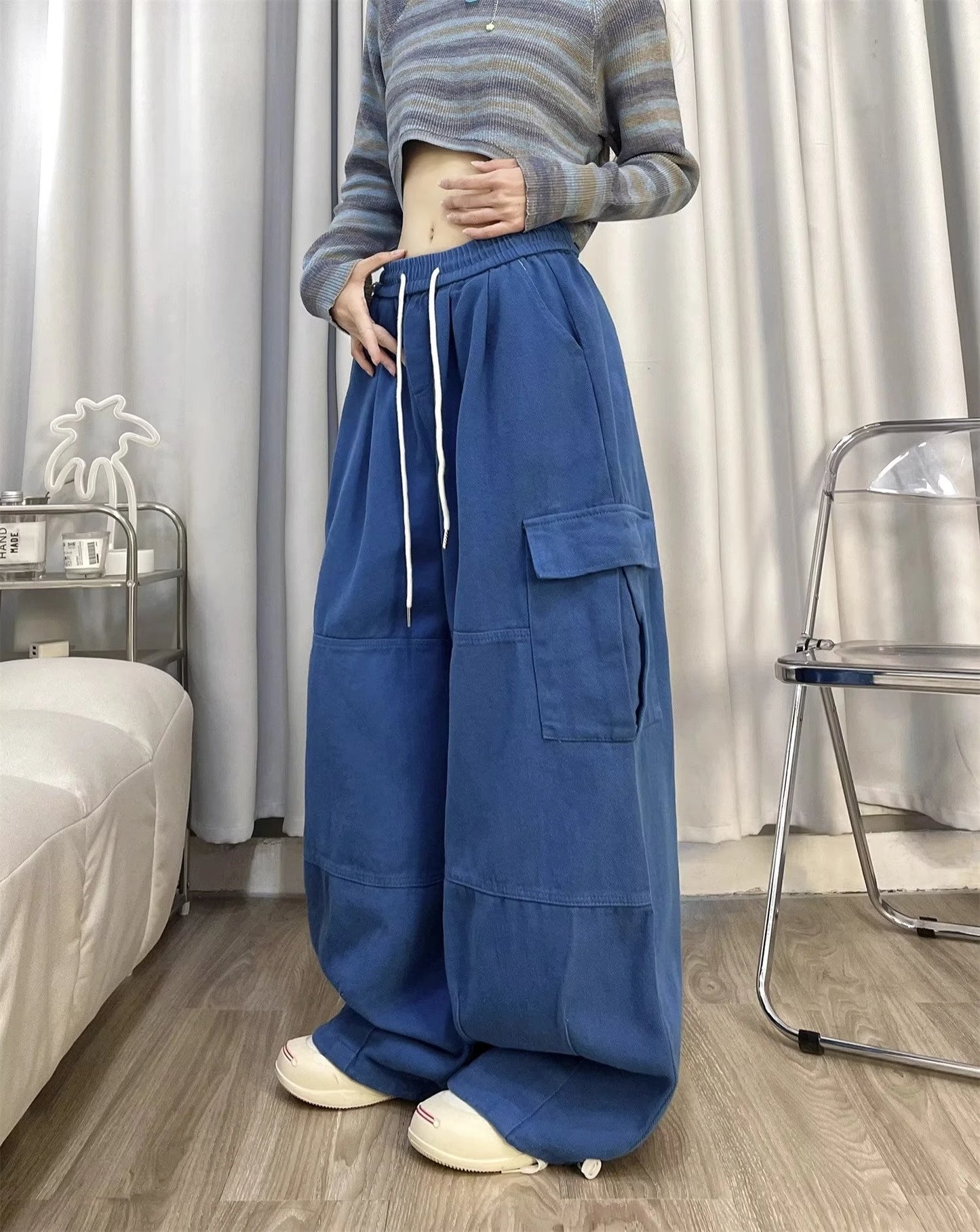 Cargo Pants Women Solid Color Japanese Loose Thin Straight Wide-leg High Waist Trousers High Street Basics Casual Pants Female