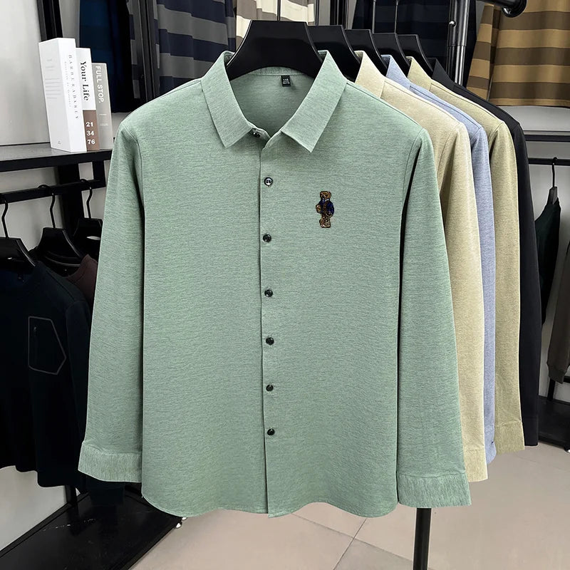High-End Man Long-Sleeved Shirt Lapel Single-Breasted Bear Embroidery Spring New Shirt Fashion Versatile Leisure Men's Clothing