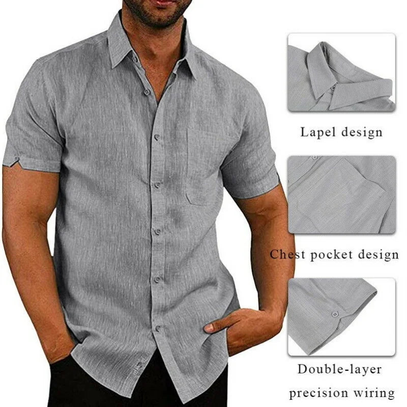 Men's Short Sleeve Button Down Linen Blend Shirt with Chest Pocket Casual Summer Top