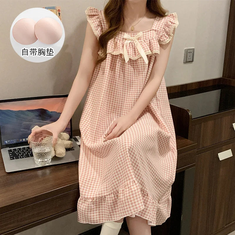 Women Korean Sweet Plaid Bow Design Nightgown with Straps Sleep Dress Cute Summer New Loungewear Y2K Nightgown with Built-in Bra