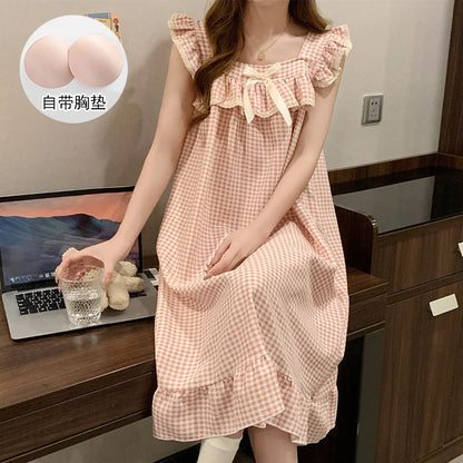Women Korean Sweet Plaid Bow Design Nightgown with Straps Sleep Dress Cute Summer New Loungewear Y2K Nightgown with Built-in Bra