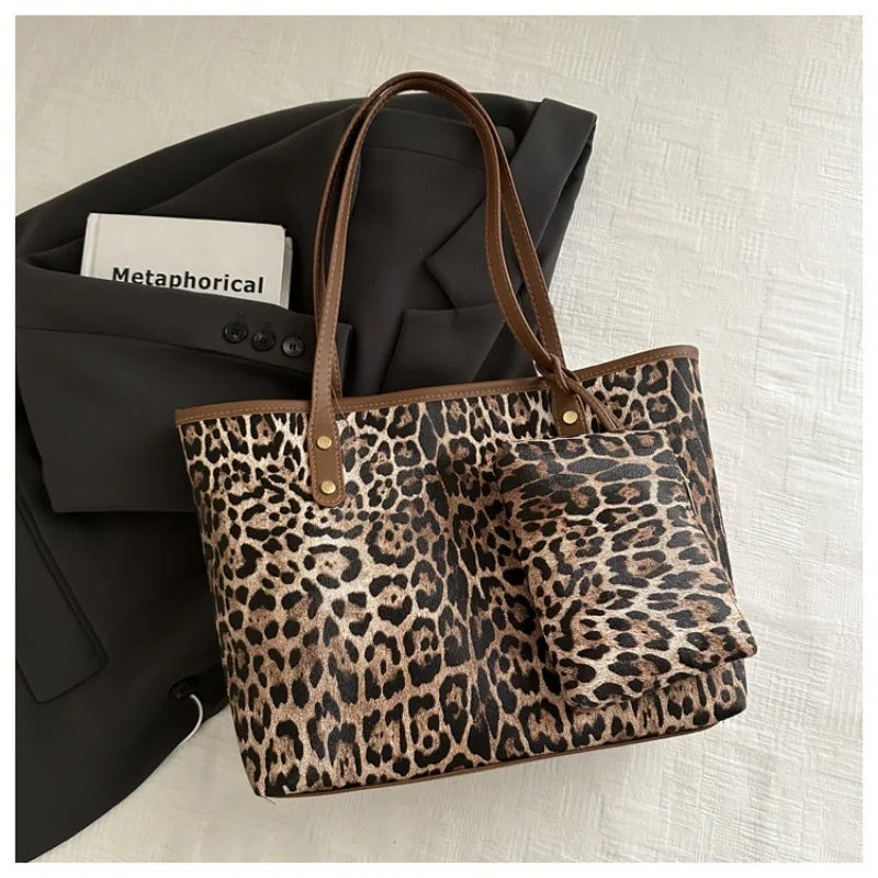 Leopard Print Tote Bag - Women's PU Leather Large Capacity Casual Travel Purse