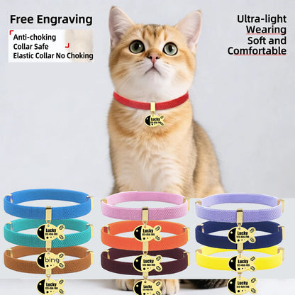 Free Customized Cat Collar Cute Fish Metal Necklace Pet ID Name Tag Personalized GPS Tracker Kitten Dog Breakaway Elastic Collar