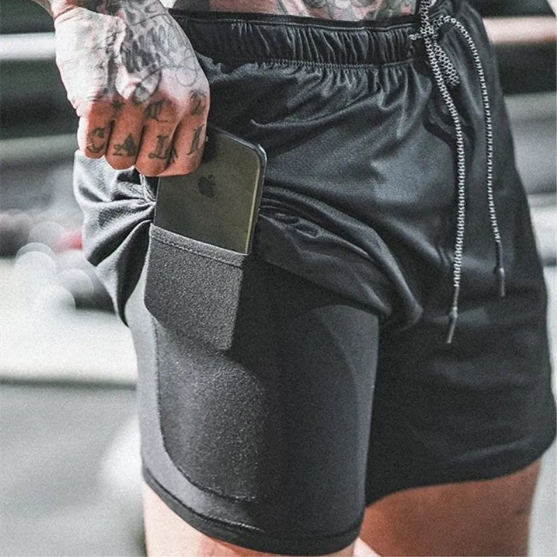 Men Running Shorts - 2 in 1 Quick Dry Sports Jogging Shorts with Hidden Phone Pocket