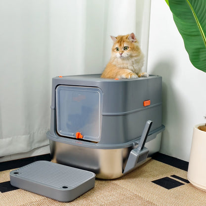 Extra Large Stainless Steel Cat Litter Box with Lid - High Wall Metal Tray for Big Cats - ZOOMNSTORE