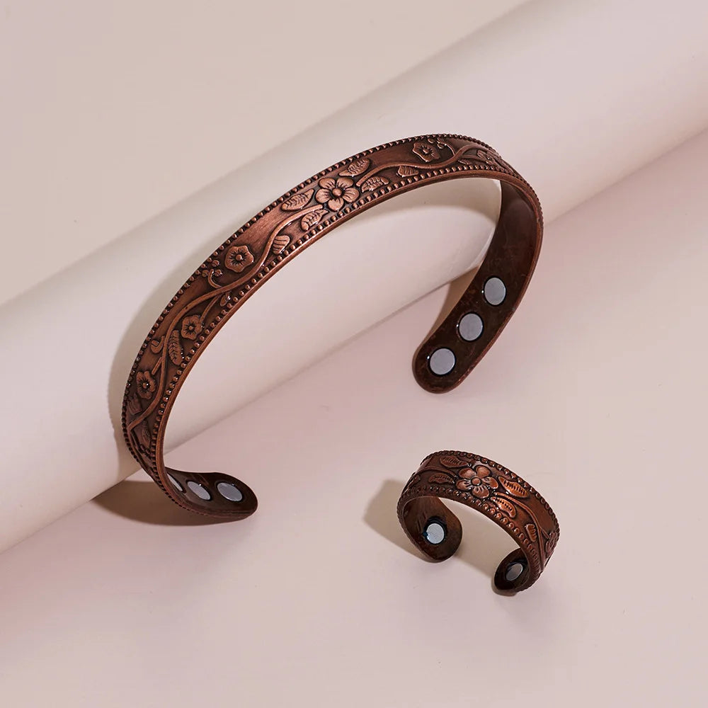 Viking Tree of Life Celtic Knot Zinc Alloy Magnetic Bracelet Ring Set Open Cuff Vintage Healing Jewelry for Men Women