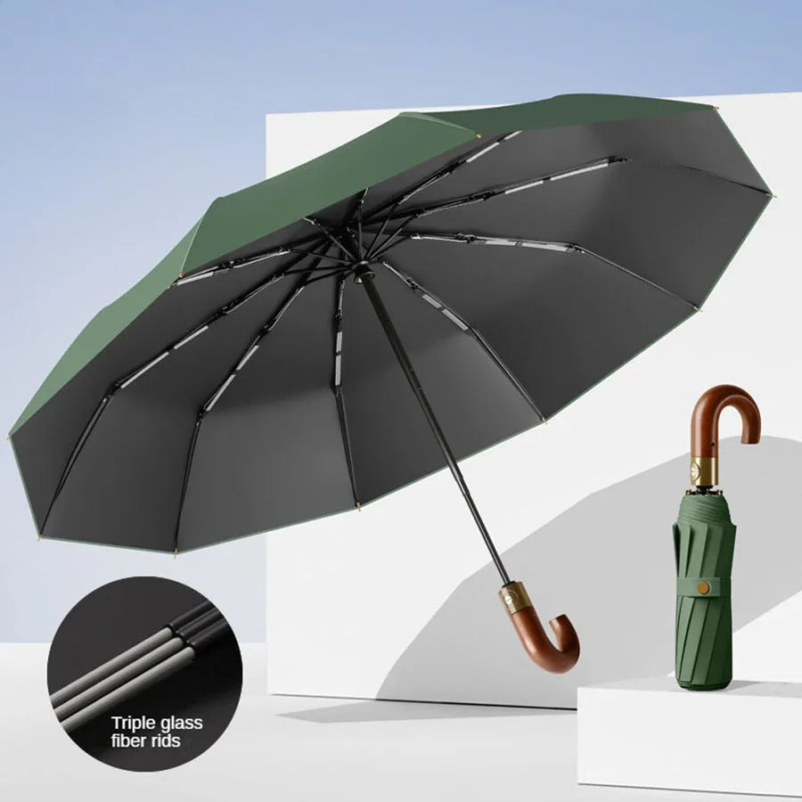 Windproof UV protection casual folding UPF50+automatic umbrella handle curved handle design, stylish design compact sun and rain