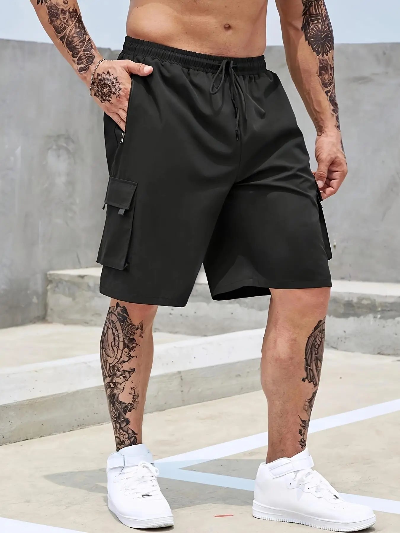 Men's Cargo Shorts - Casual Lightweight Polyester Shorts with Adjustable Drawstrings & Zipper Pockets