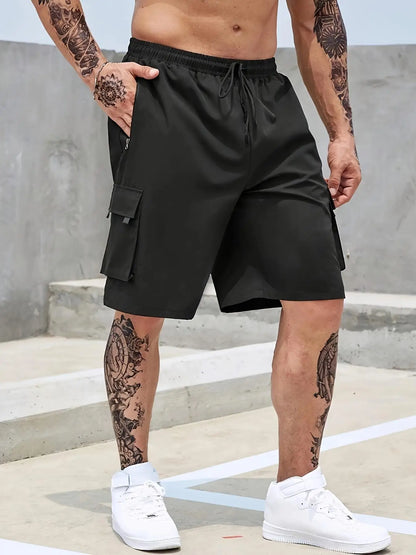 Men's Cargo Shorts - Casual Lightweight Polyester Shorts with Adjustable Drawstrings & Zipper Pockets