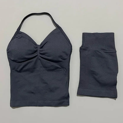 2Pcs HISTELLO Yoga Set Women Halter Tank Top Scrunch Butt Lifting Shorts Ruched Anti Chafe Quick Dry Gym Workout Sports Set