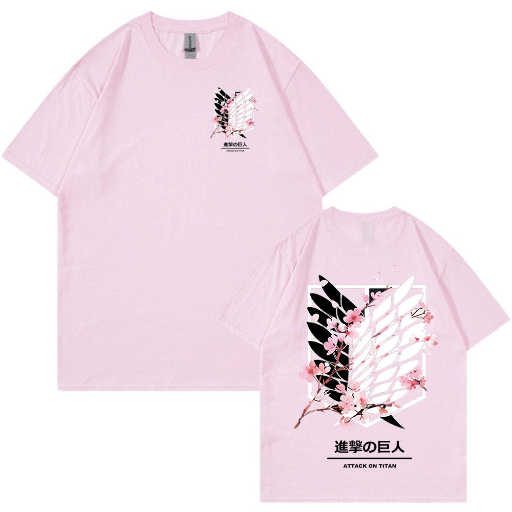 Anime Attack on Titan T-Shirt Ackerman Mikasa Eren Jaeger Cherry Blossom Graphics Logo T Shirt Clothes Men's Cotton T Shirts