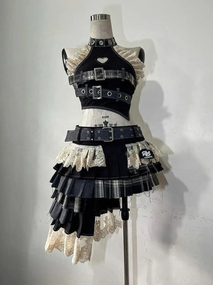 Summer Vintage Elegant Y2K Woman 2 Piece Sets Punk Gothic Strapless Crop Tops +High Waist Ruffle Skirt Female Party Outfits 2025
