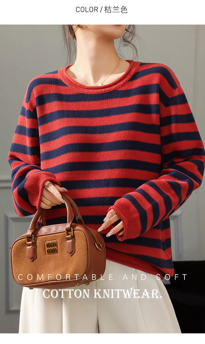 Fashion 100% pure cotton women's sweater autumn and winter casual striped knitted top loose Korean round neck women's pullover