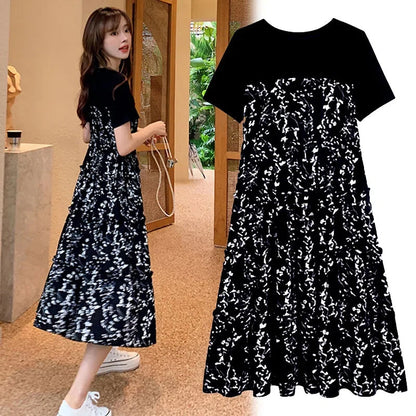 Women's T-shirt Fake two Pcs Korean style Summer Dress Mid-Length Floral Printed Boho Casual Daily Chiffon floral black Dress