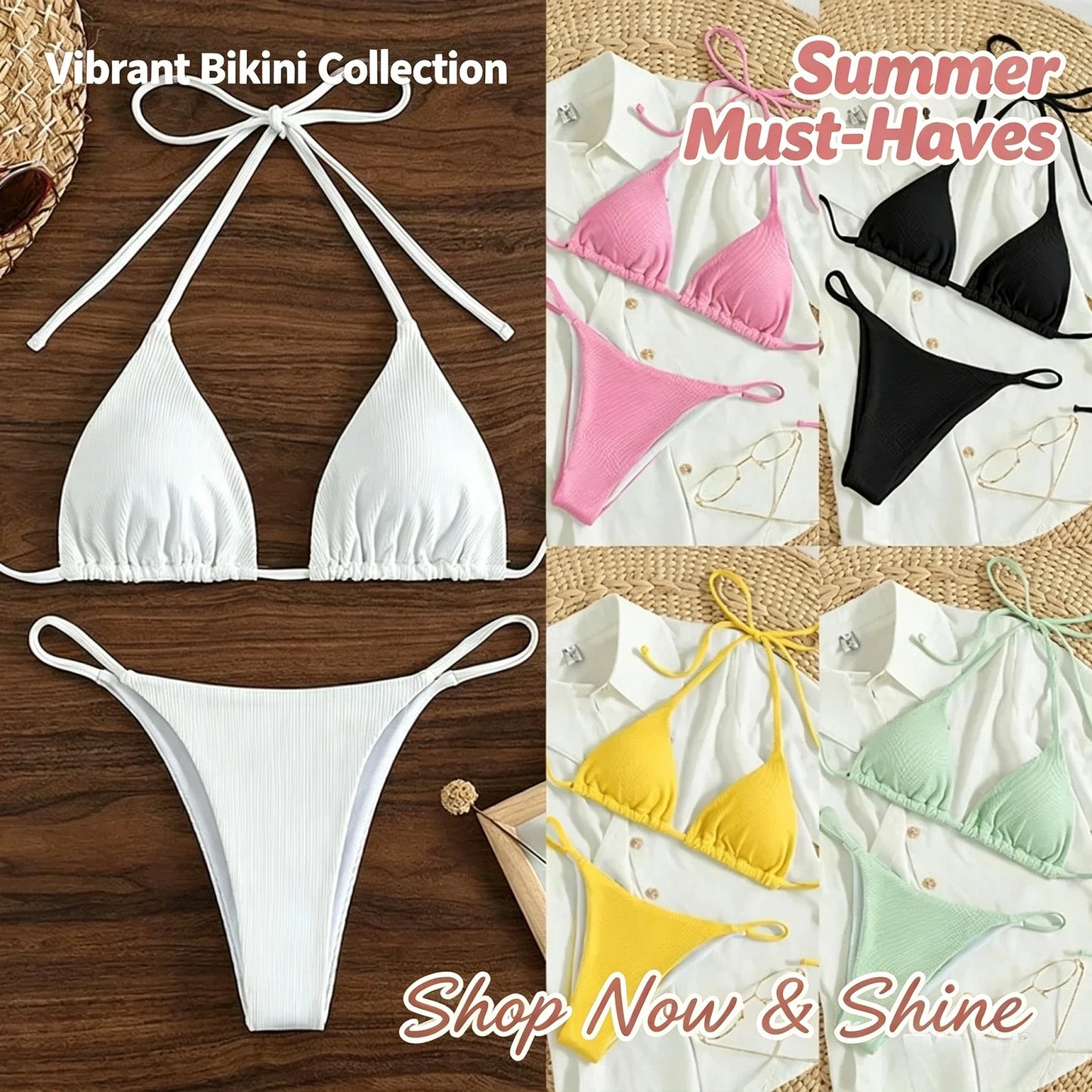 Sexy Women Thong Solid Color Bikini Set Side Halter Tie Swimsuit Ladies Split Strap Adjustable Brazilian Swimwear Beachwear